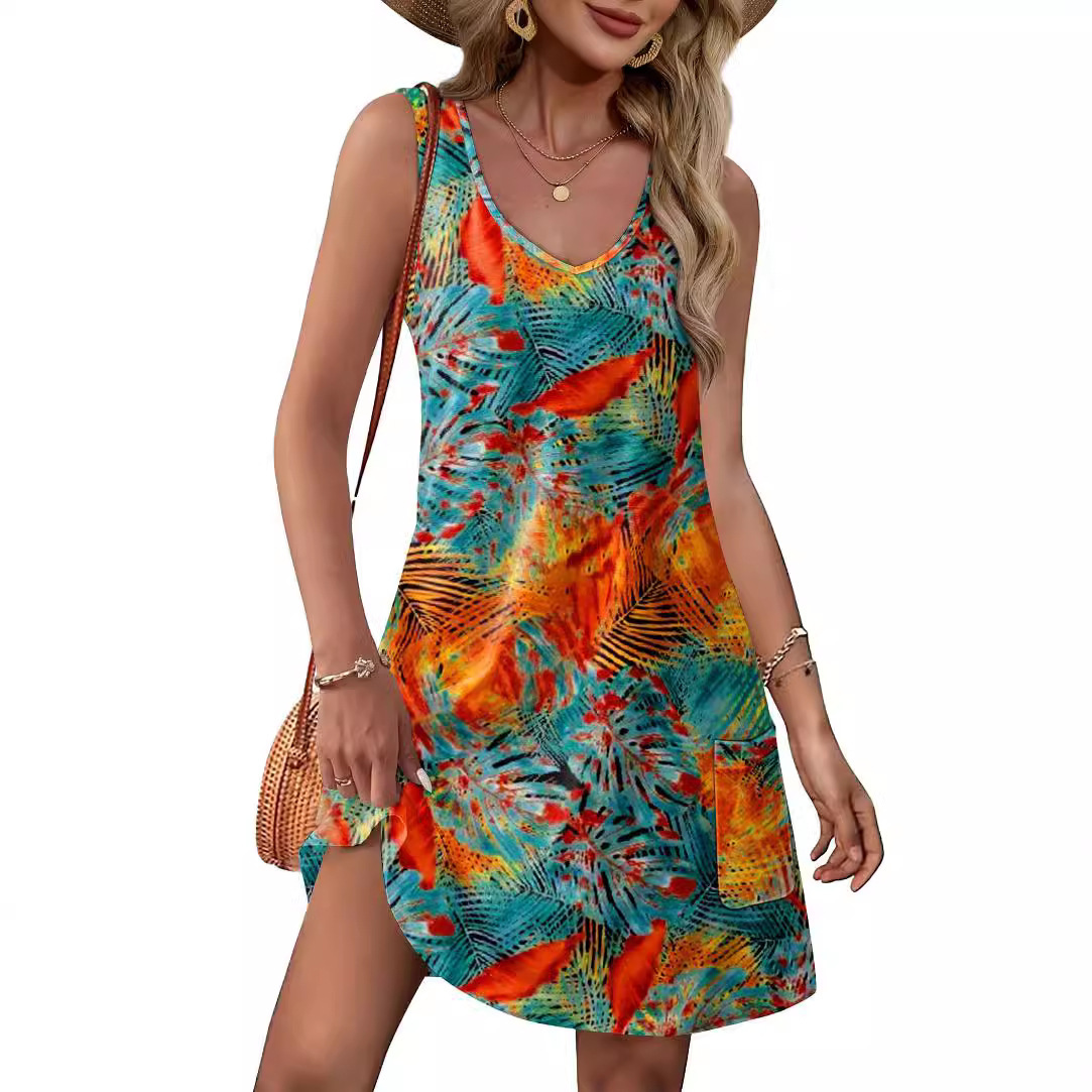 2025 New Women's Designer Summer Beach Loose Beach Skirt V-neck Sleeveless Pocket Dress Tank Top