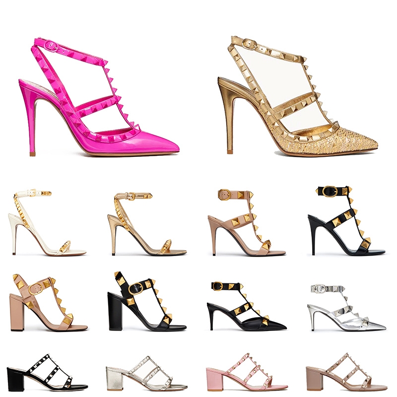 Designer Sandals Luxurys Womens High Heels Leather Stud Rivet Dress Shoes Black Silver Gold Pink Pointed Peep-Toes Lady Sexy Sandale Size 35-42