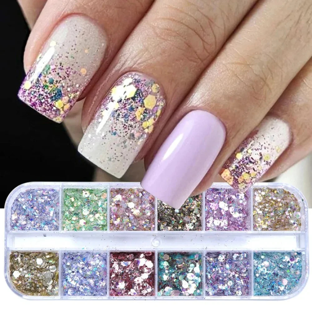 12Grids Holographic Nail Glitter Flakes Sequins Rose Gold Silver Manicure Paillette Spangles Slices Art Decor 250115