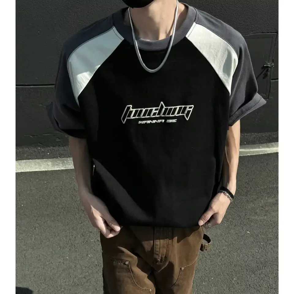 Summer New High Street Trendy Splicing Round Neck Short Sleeve Men and Women Retro Letter Printed Loose Casual T-shirt Top y2k W250117