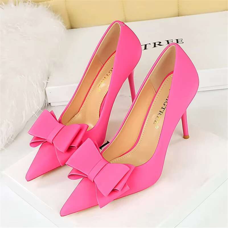 Women 10cm High Silk Butterfly Knot Pumps Lady Wedding Bridal Purple Heels Escarpins Green Blue Peach Office Shoes