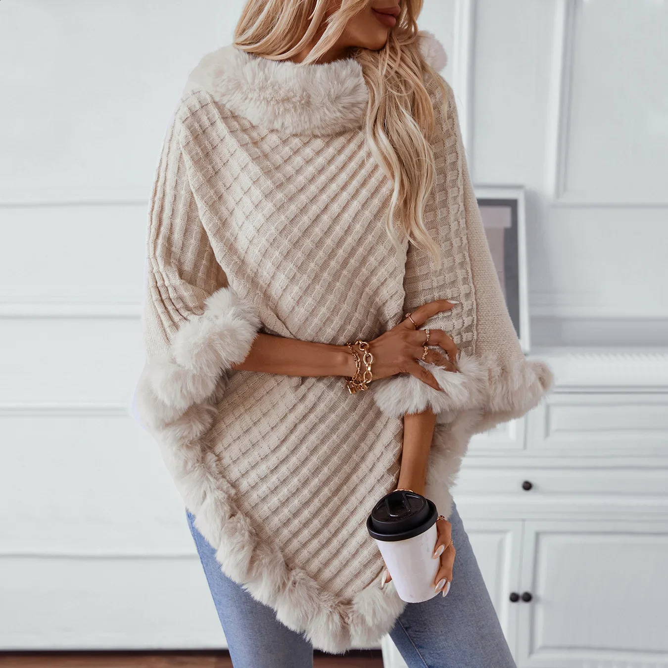 Knitted Cloak Sweater Women Shawl Outwear Warm Hairball Knit Casual Loose Plaid Poncho Cape Coat Spliced Solid Elegant 250121