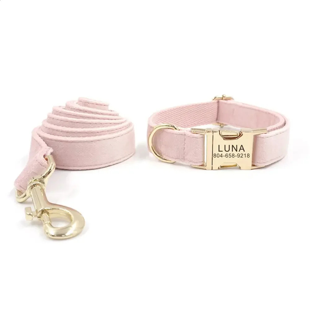 Personalized Dog Collar Custom Pet Collar Free Engraving ID Name Tag Pet Accessory Pink Velvet Fiber Puppy Collar Leash 250121