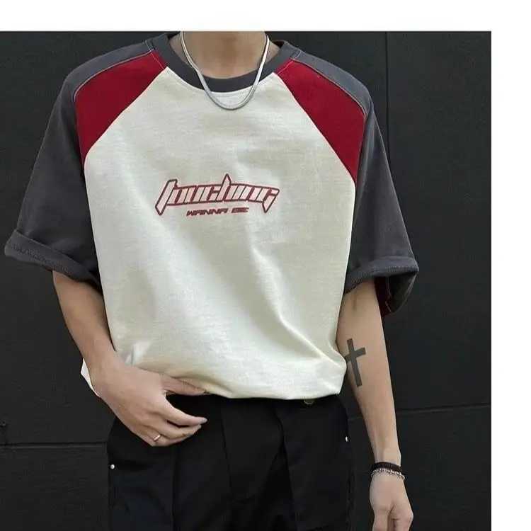 Summer New High Street Trendy Splicing Round Neck Short Sleeve Men and Women Retro Letter Printed Loose Casual T-shirt Top y2k W250117