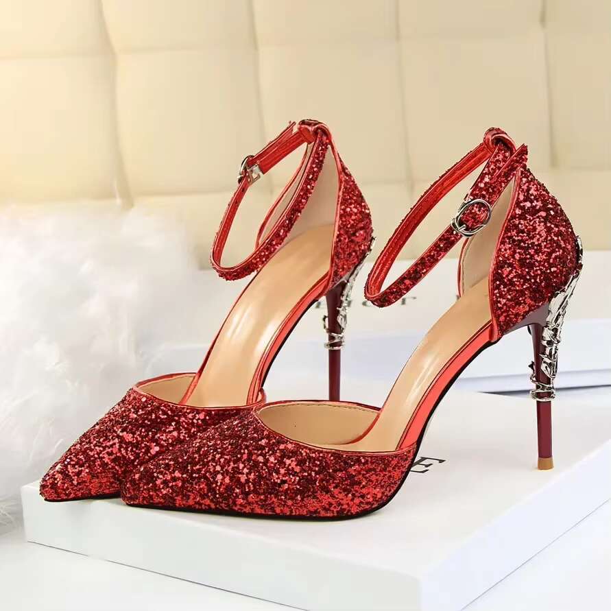 Women 7.5cm 9.5cm High Bg Wedding Sandals Ankle Strap Shoes Gold Siery Blue Sequins Banquet Designer Low Heels