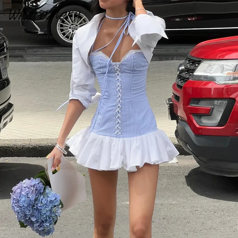 WhereMery Casual Sweet Stripe Set 2024 Autumn Patchwork Long Sleeveless Top Ruffles Mini Dresses High Street Sexy Set 250113