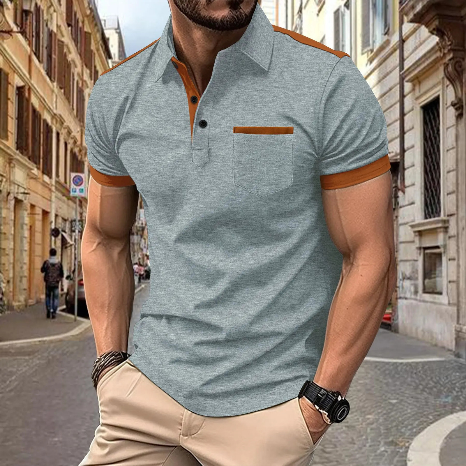 mens casual POLO shirt chest pocket lapel button stitching color matching Tshirt 250108