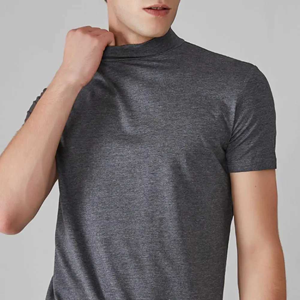 Summer Casual Short Sleeve T-shirt For Men Half High Collar Slim Fit T-shirt Solid Color Elastic Thin Pullover Tee Shirt W250117