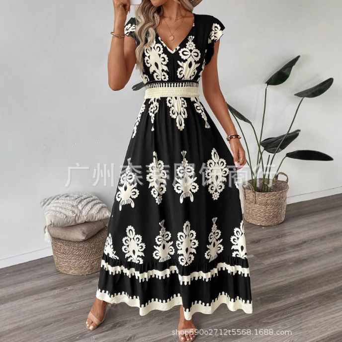 2025 Summer New Designer Women's Beach Skirt Vacation Style Printed Large Pendant Dress