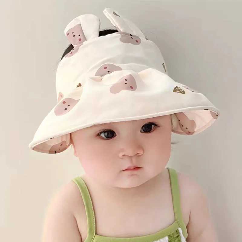 Summer Baby Sun Hat Fashion Cute Cartoon Printing Small Ear Kids Beach Sunshade for Boy Girl Wide Brim Toddler Visor Caps M250121