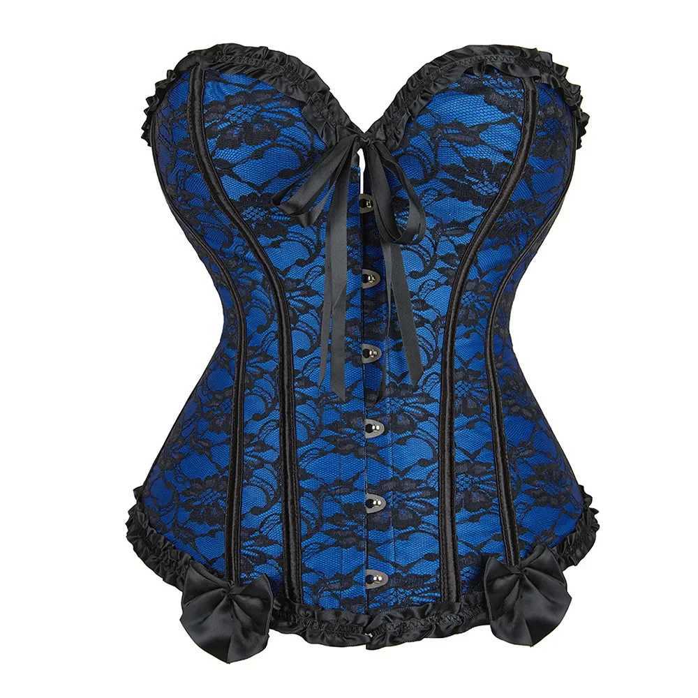 Women Corset Plus Size Lace-up Bustiers Top Sexy Overbust Vintage Flower Print Lingerie Corset Lace Corset Black Red Blue W250120
