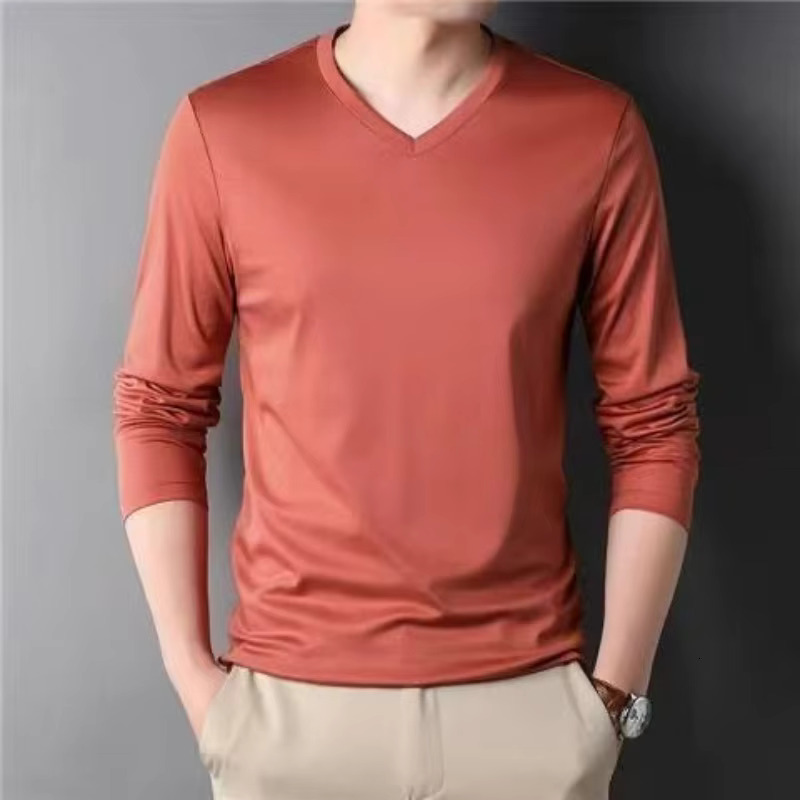 Fashionable And Versatile Men's Modal Cotton Basic T-shirt Spring And Autumn Long Sleeved V-neck Men's Clothing Thin Bottom Solid Color Casu