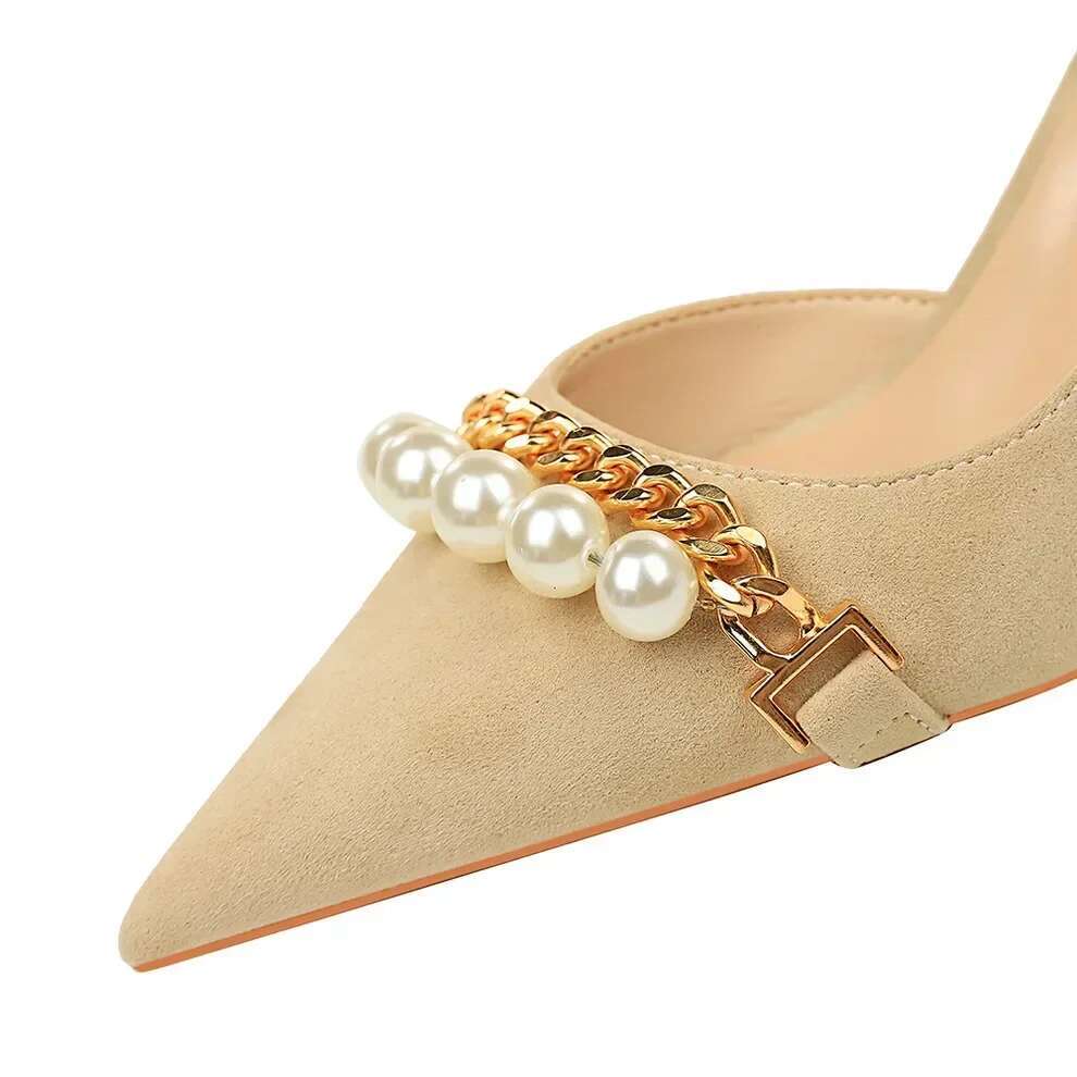 Women 7cm 11cm High Side Hollow Daily Temperament Shoes Lady Pearl Metal Chain Stilettos Banquet Mid Low Heels Suede Pumps