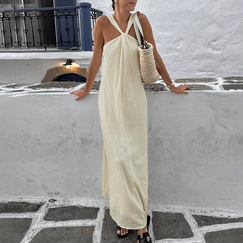 Beige Sleeveless Hanging Collar Beach Casual Dress Designer For Summer 2025 Fashion New Beach Dress Women's Long Skirt