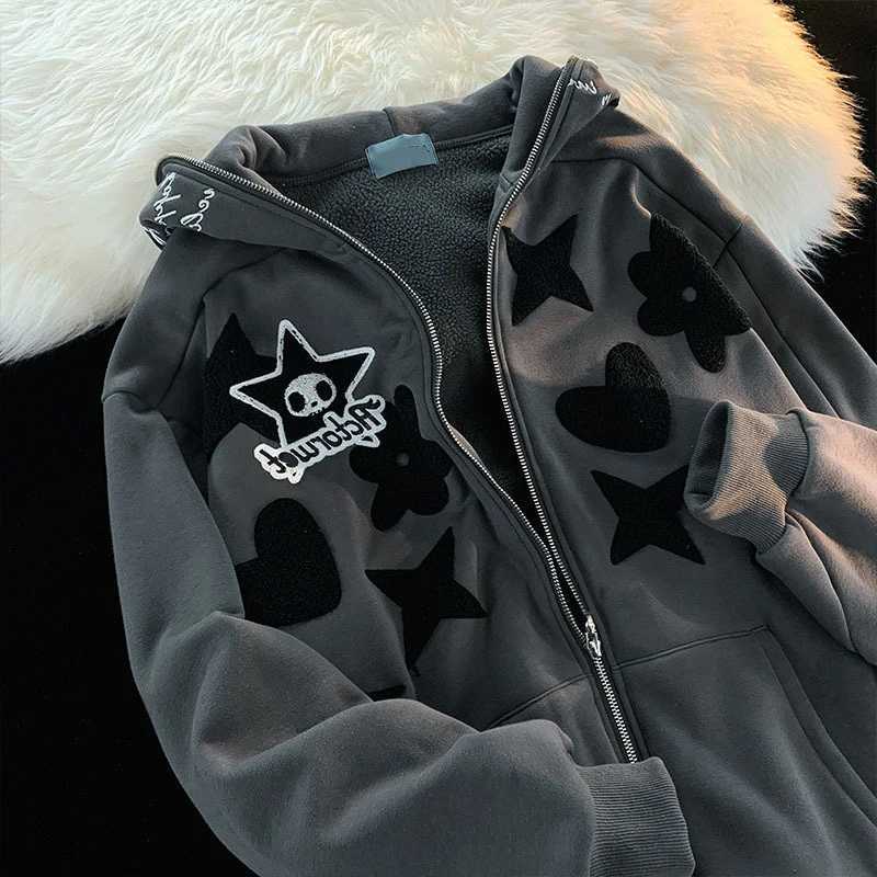 Womens Retro Embroidery Hoodies Autumn Winter Zip Up Long Sleeve Loose Jacket Coats Y2k Harajuku Casual Pocket Hooded Sweatshirts W250117