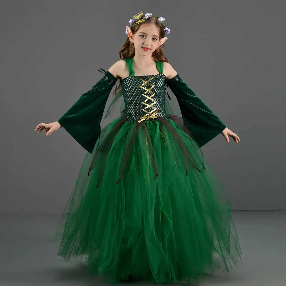 Kids Girls Elf Cosplay Dance Skirts Costume Children Roleplay Dress Up Performance Stage Dress Elf Earrings Halloween Clothes W250117