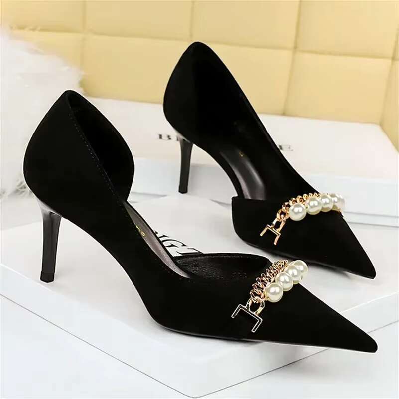 Women 7cm 11cm High Side Hollow Daily Temperament Shoes Lady Pearl Metal Chain Stilettos Banquet Mid Low Heels Suede Pumps