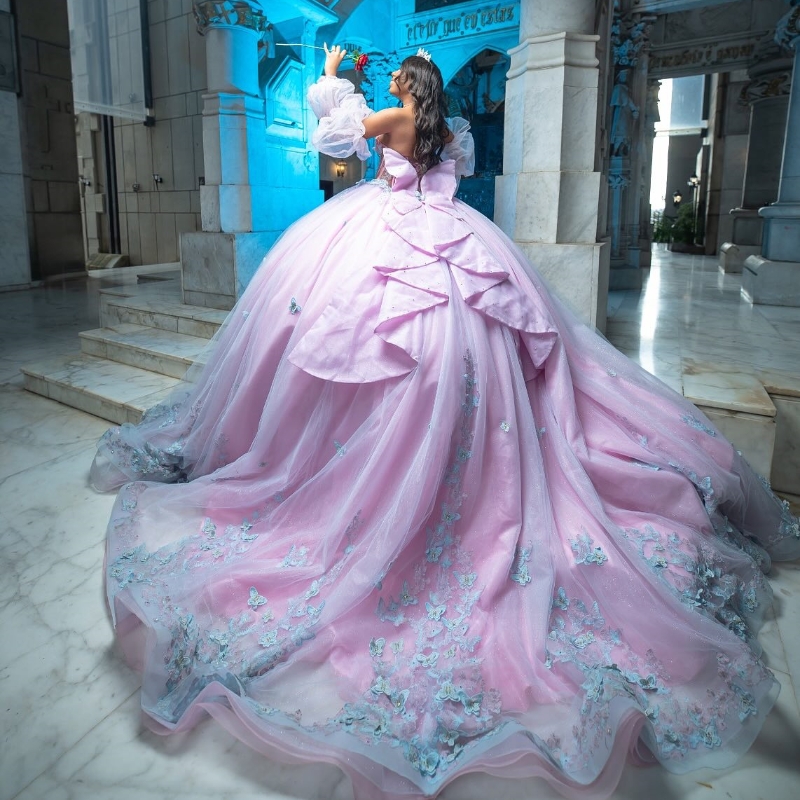 Pink Quinceanera Dresses Ball Gown Off Shoulder Appliques Bow Beading Crystal Tull Puff Sleeve Corset Birthday Party Sweet 16 Dress Vestidos 15 anos