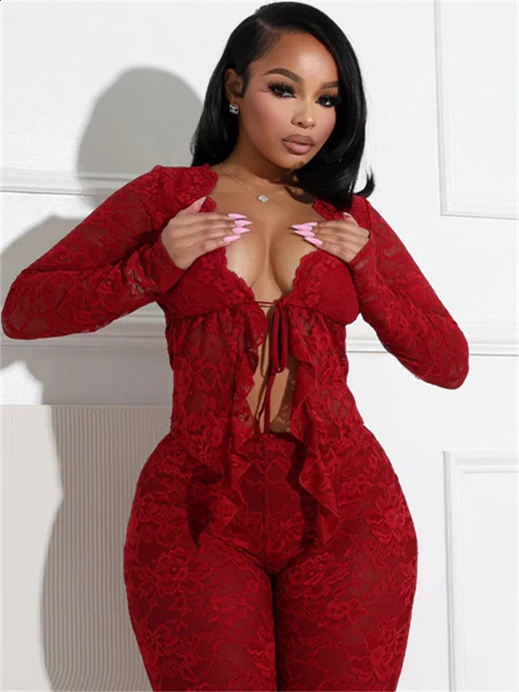 Nwe Spring Fall Lace Womens Sets Long Sleeve Sexy Bandage Top and Flared Pants 2025 Loose Red Clubwear Two 2 Piece Set Outfits 250120