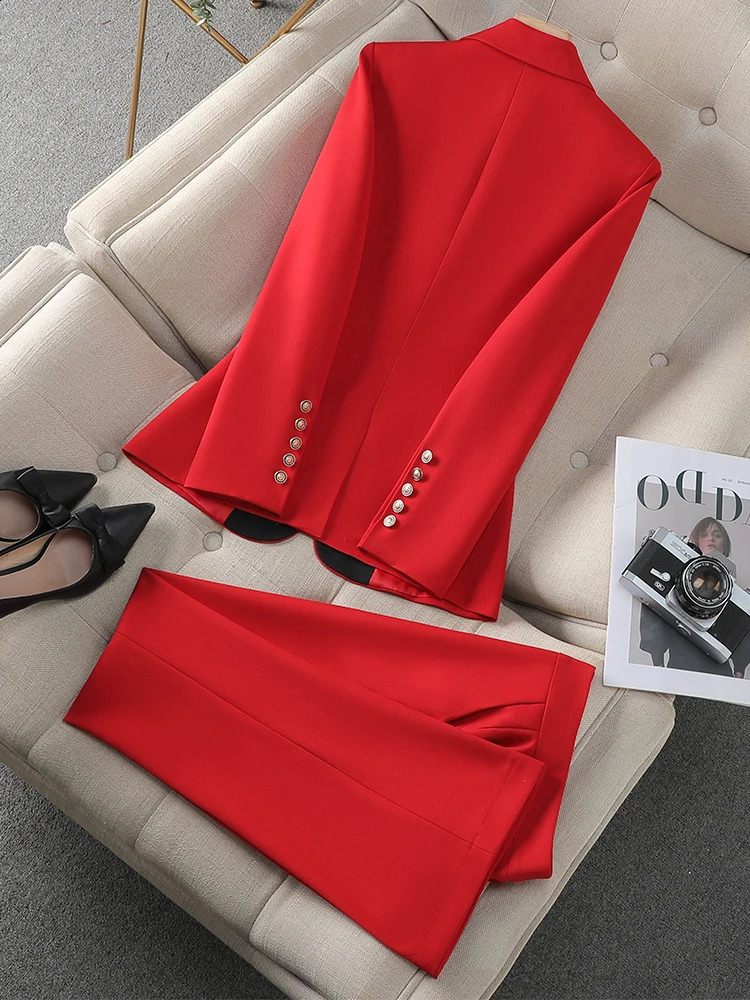 Fashion Red Black Beige Women Pant Suit 2 Piece Set Office Ladies Female Business Work Wear Formal Blazer Jacket And Trouser 250115