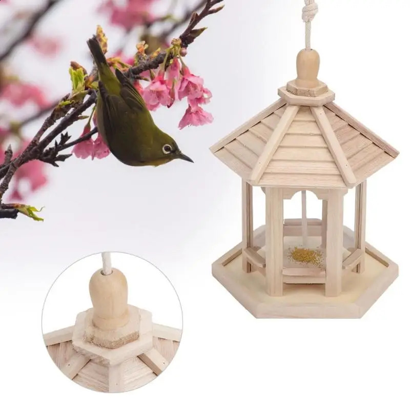 Food Container Durable House Shape Hanging Pet Water Feed Transparent Bird Supplies Pet Feeder Wooden Pet Birdhouse Feeding Box 250121