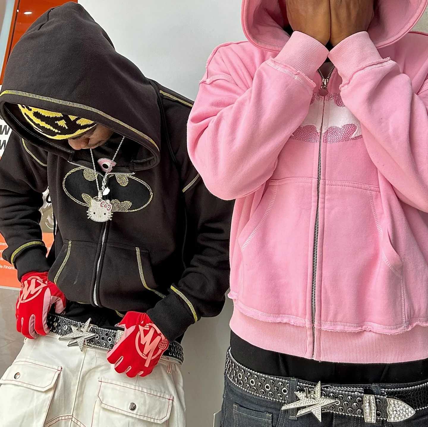 America Fashion Klein Bat Decoration Hoodies Y2K Harajuku Retro Oversized Men Women Zipper Hoodie Couple Streetwear Tops W250117