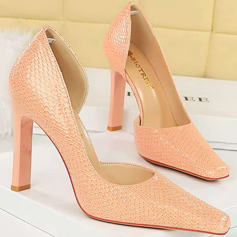 Women 11cm High Pumps Square Toe Green Pink Heels Lady Serpentine Patent Leather Wedding Evening Party Shoes