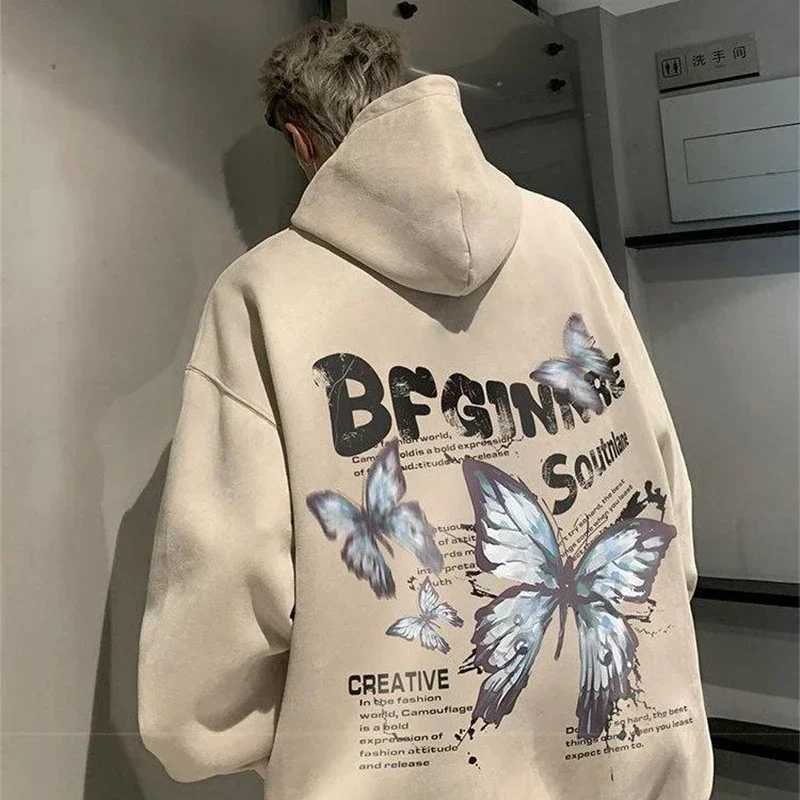 New Creative Butterfly Printed Suede Hoodies For Men Hip Hop Fashion Oversized Hoody Sweatshirts Women Y2K Streetwear Clothes W250117