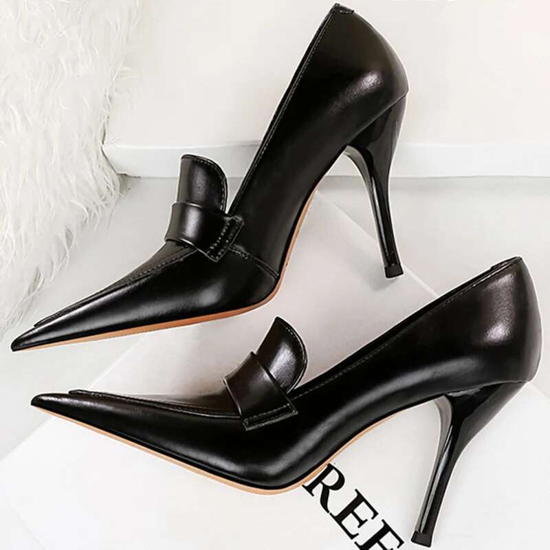 Women 10cm Pumps Retro Simplicity Pu Leather Super High Stiletto Heels Lady Brown Office Shoes Small Size 34-40