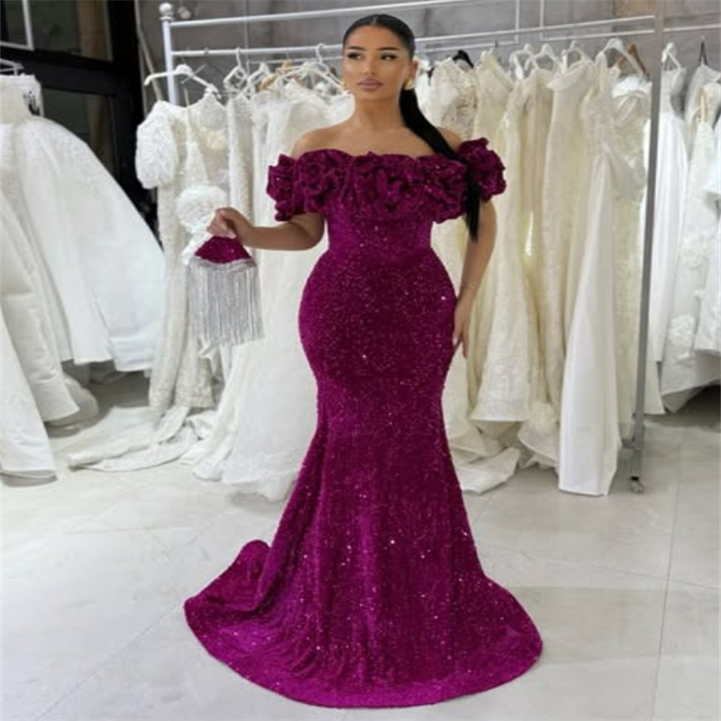 Arabian Abaya Purple Evening Dress Sequin Mermaid Prom Dresses 2025 Plus Size Florals Formal Occasion Birthday Dress Arabic Dubai Party vestido de gal