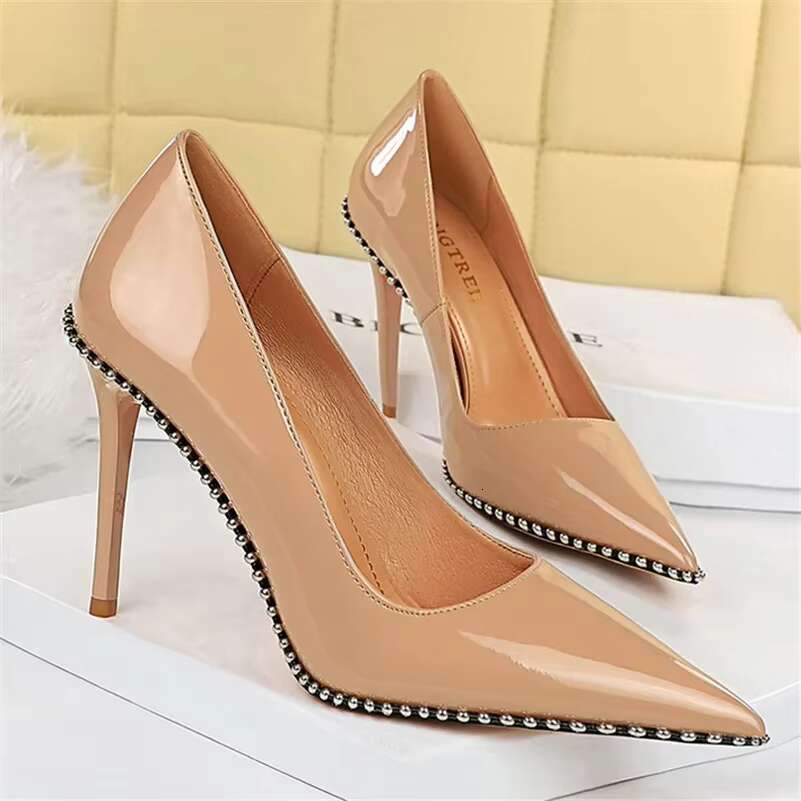 Women 8cm 10.5cm High Elegant Escarpins Pumps Lady Rivets Nude Mid Low Heels Fetish Nightclub Party Office Shoes