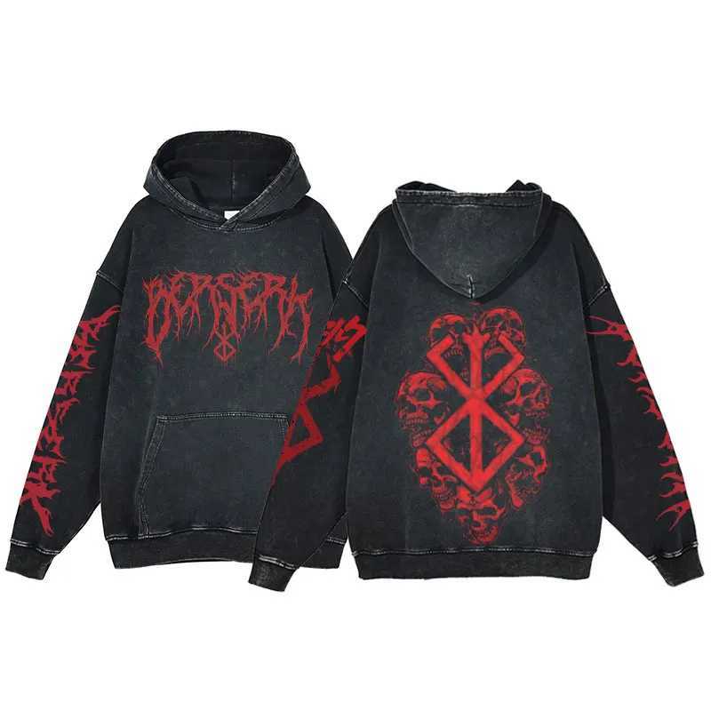 Berserk Anime Acid Washed Hoodie Mens Clothing Vintage Cotton Hoodies Women Hip Hop Hooded Sweatshirts Y2K Clothes Oversized W250117