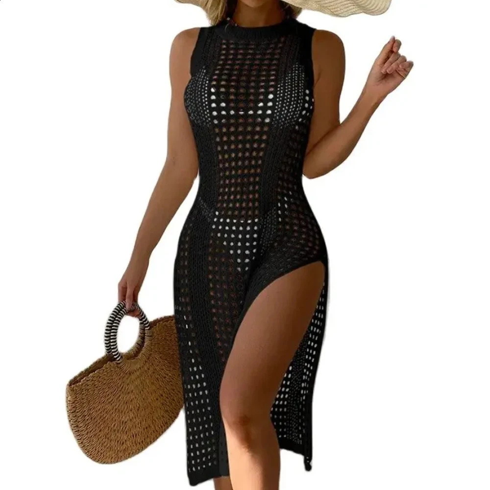2024 Women Swimsuits Cover Ups Crochet Bathing Suit Hollow Out Bikini Coverup Beach Swimwear Sleeveless Side Split Dresses 250122