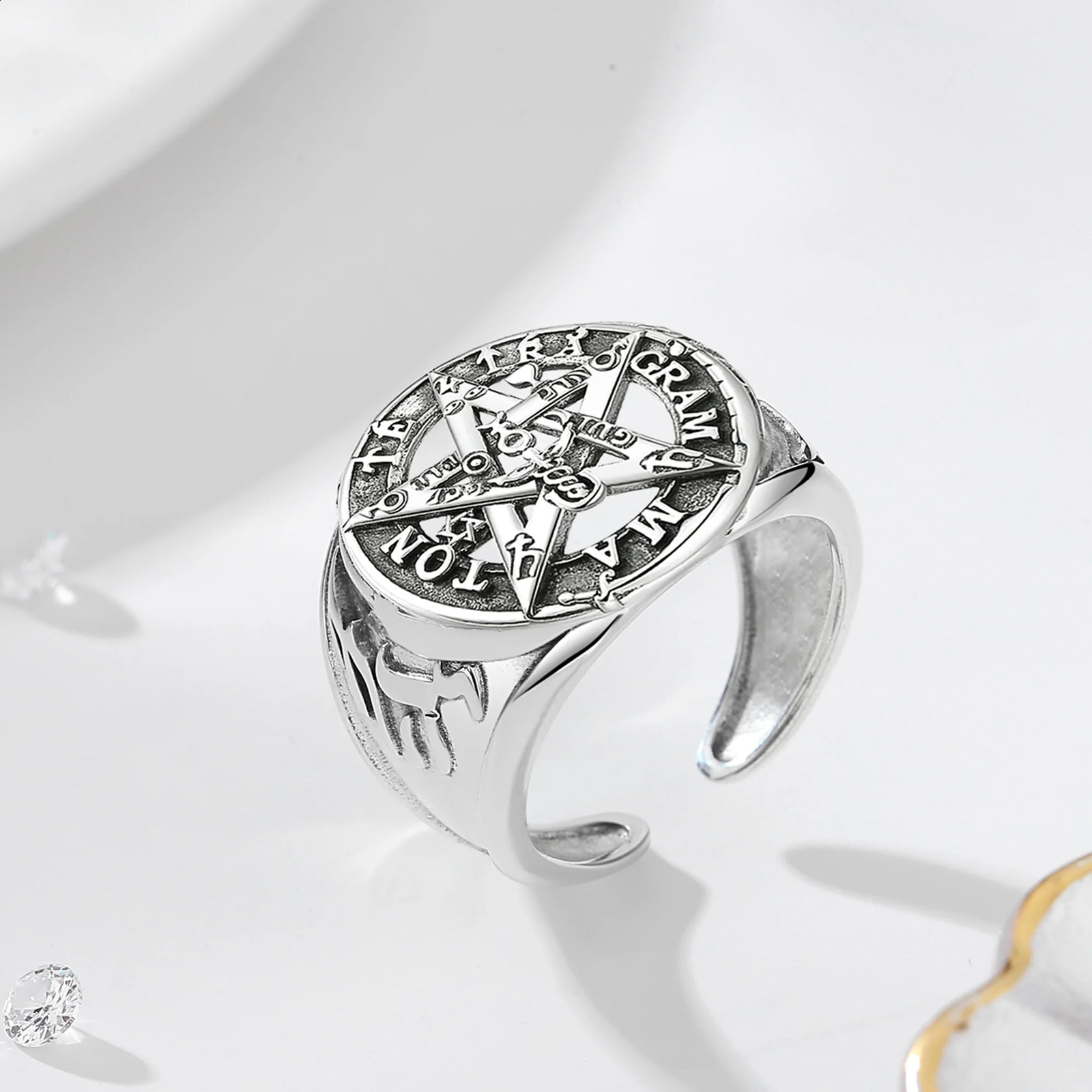 Eudora 925 Sterling Silver Pentagram Adjustable Ring for Men Women Amulet Guardian Star Tetragrammaton Ring Hip Hop Jewelry Gift 250117