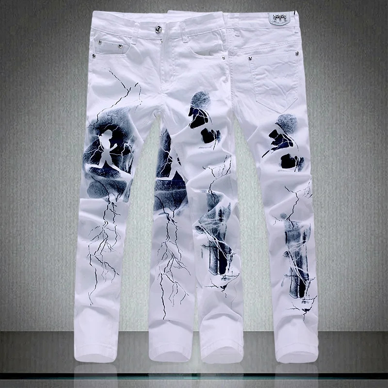 White Fashion Men Jeans Unique Lighting And Man Printing Cotton Large Size 40 Jeans For Men 250120