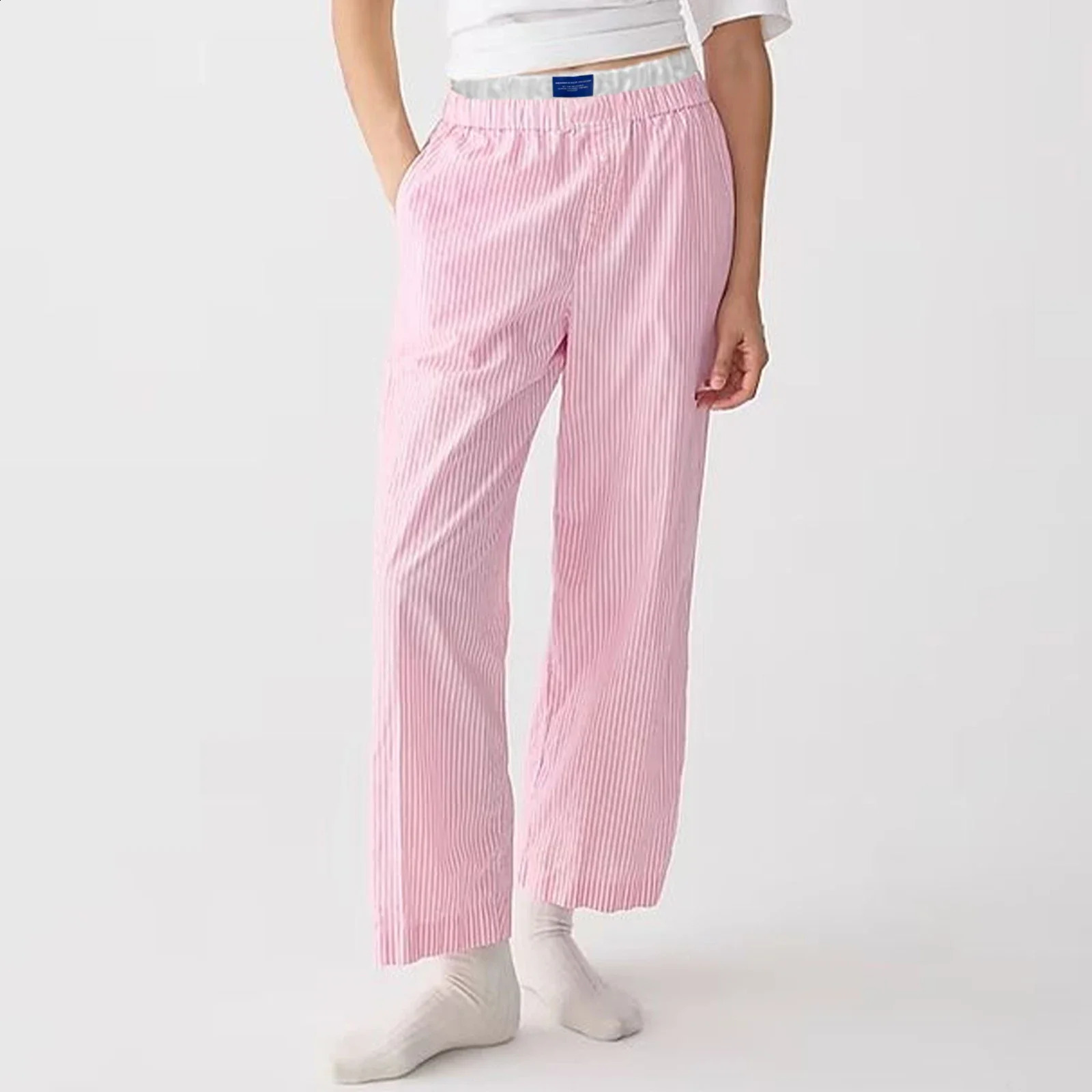 Combhasaki Womens Y2K Aesthetic Striped Long Trousers Letter Sign High Elastic Button Double Waist Wide Leg Pants with Pockets 250113
