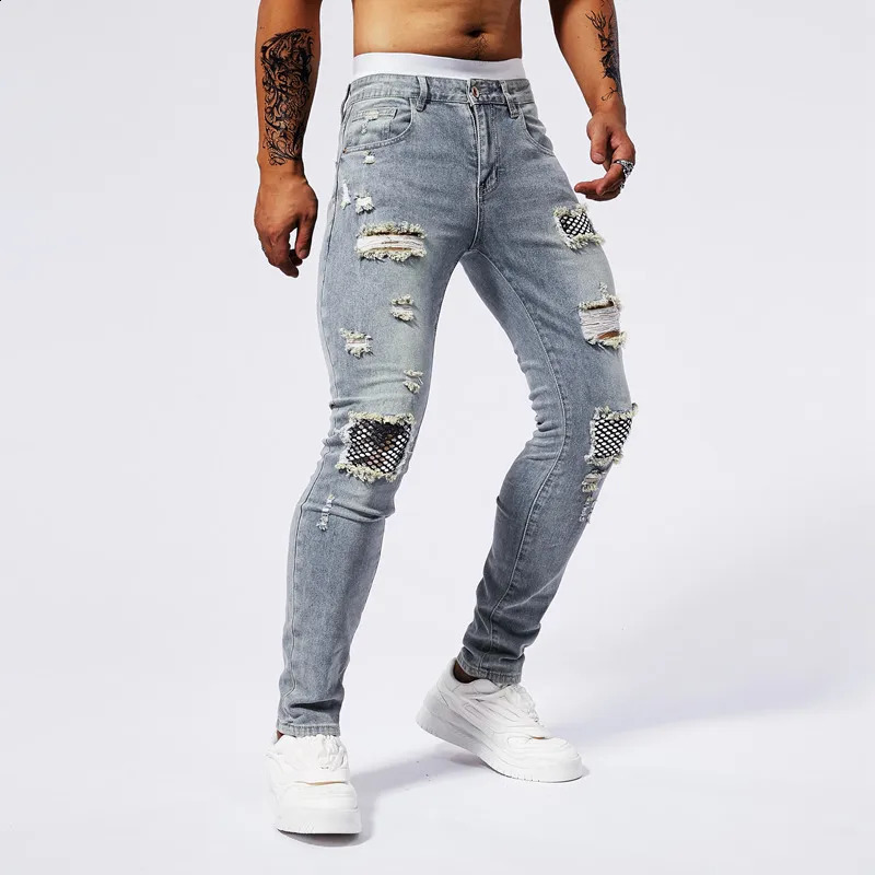 Patch sequin rhinestone jeans for men with torn holes elastic summer fashion casual fit small foot muscle tight pants 250120