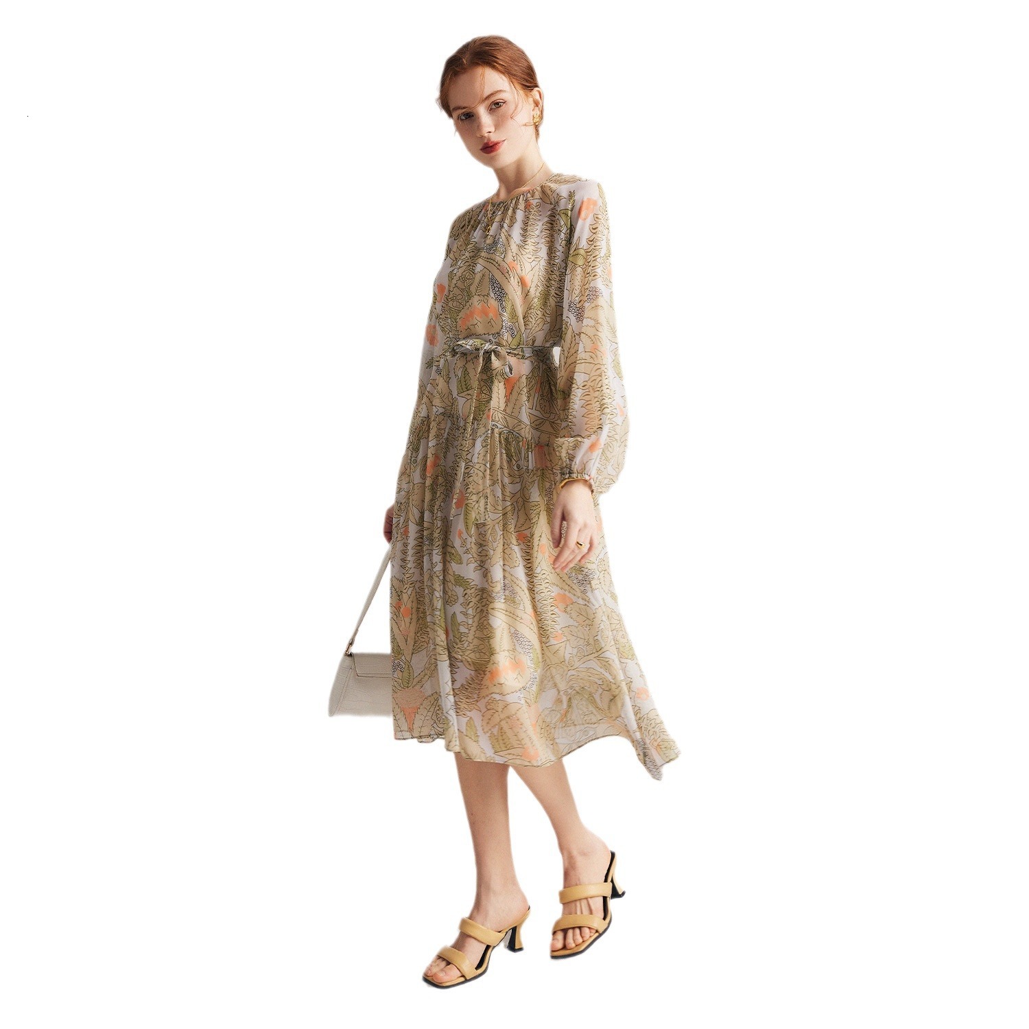 2025 Spring/summer Designer Long Sleeve New Beach Skirt With Clever Printed French Fairy Dress 100% Mulberry Silk Long Skirt