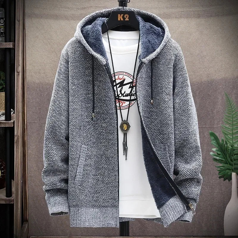 Men Hooded Cardigan Sweater Jacket Coat 2024 Winter Fleece Thick Warm Solid Casual Knitted Cardigan Outerwear Men Clothing 250116