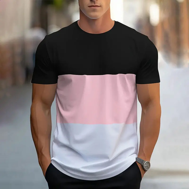 2024 Summer fashion splicing printed shortsleeved Tshirt mens round neck loose breathable tops Sports Fitness 250120