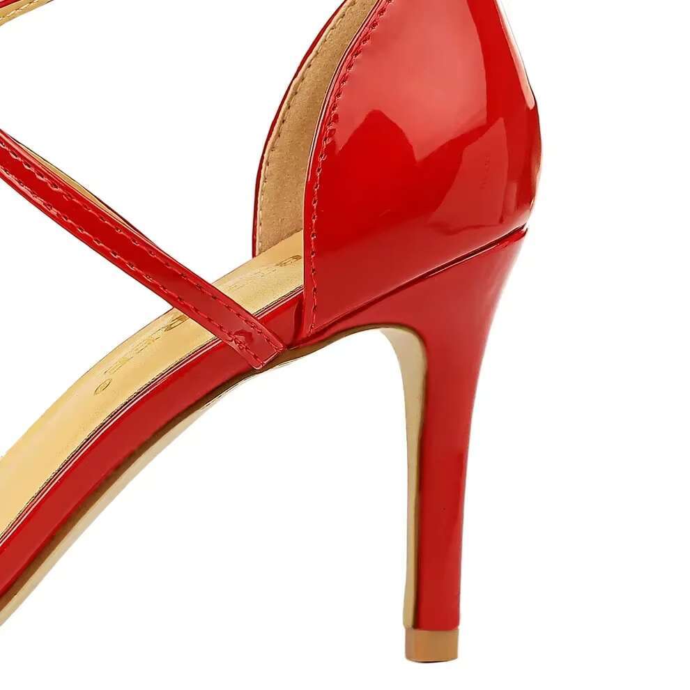 Summer Women Fetish 8cm 11cm High Beach Vacation Sandals Daily Cross Strap Mid Heels Lady Patent Leather Gladiators Shoes