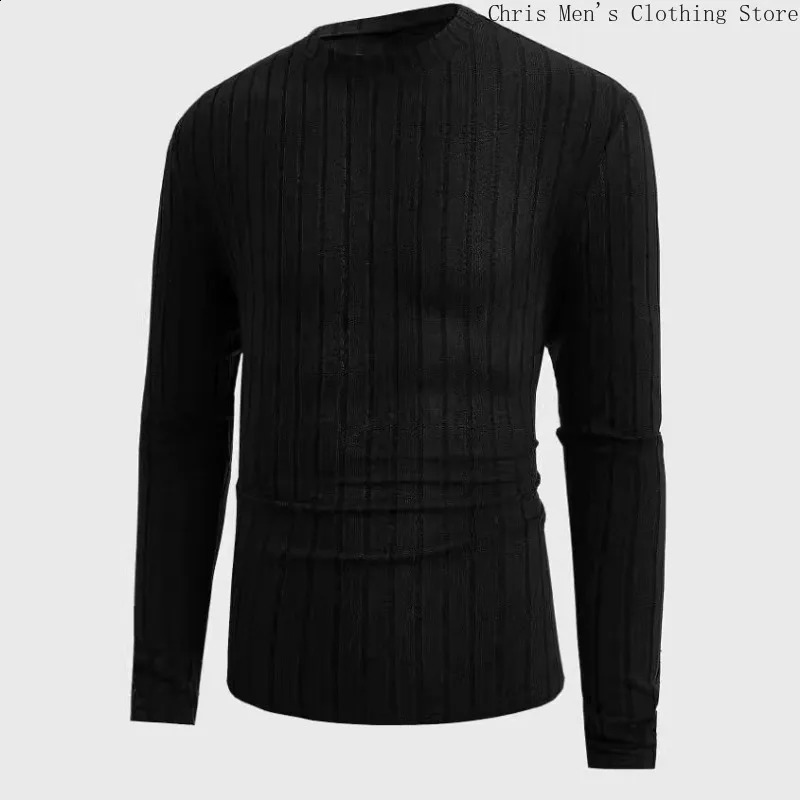 Autumn Winter Simple Fashion Mens Slim-fit Knitwear Casual Solid Color Pullover Elastic Fitness Sports Long-sleeved T-shirt 250117