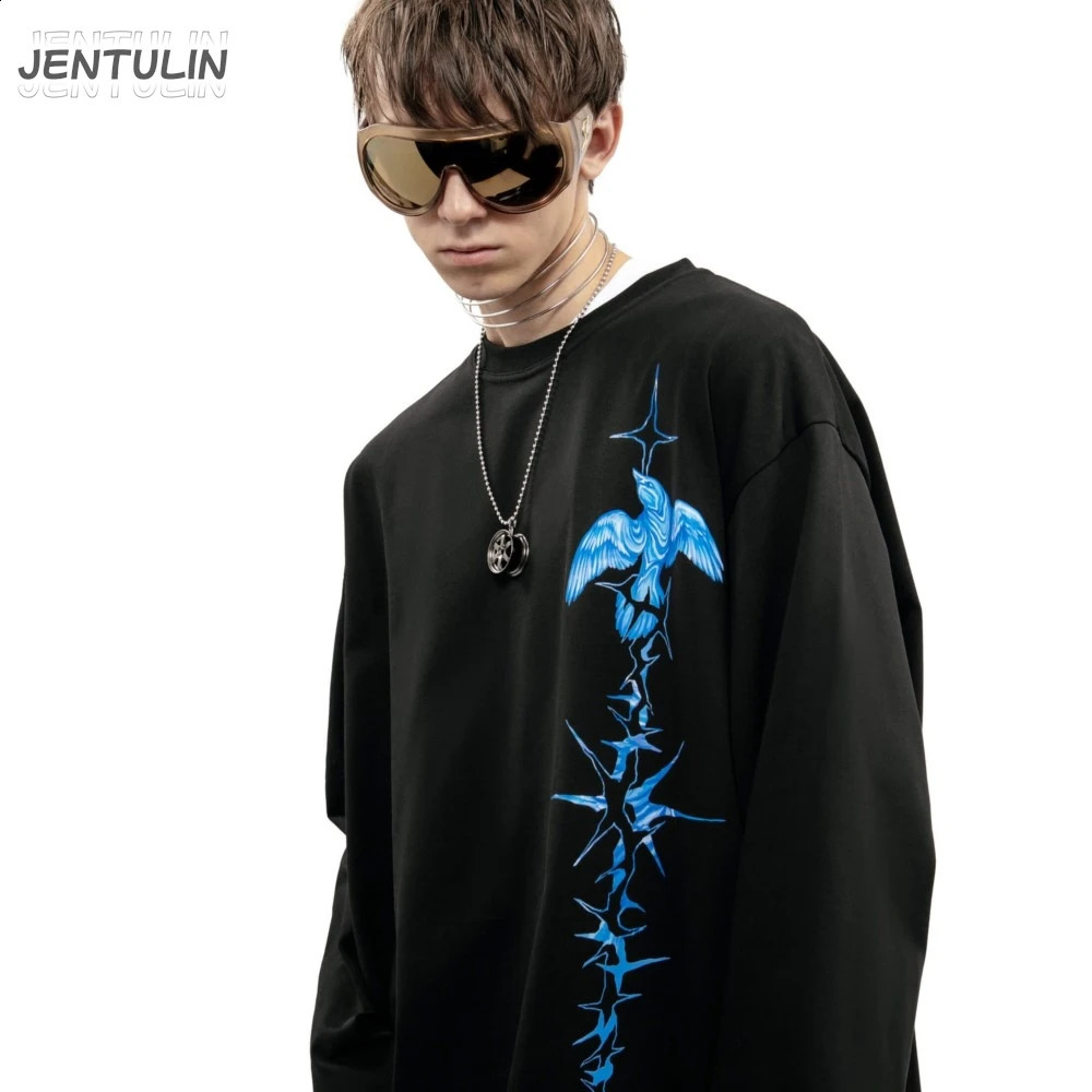 Mens T-shirt single-sided oversized printed autumn hip-hop Korean long sleeved Y2k top tee cotton graphic unisex 250117
