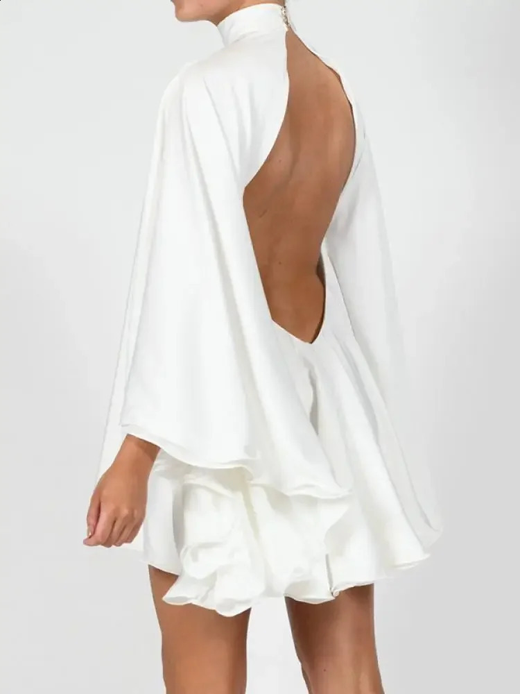 Modigirl Womens White Turtleneck Long Ruffled Sleeves Backless Dress 2025 Summer Spring Elegant Party Mini Dress Woman 250122