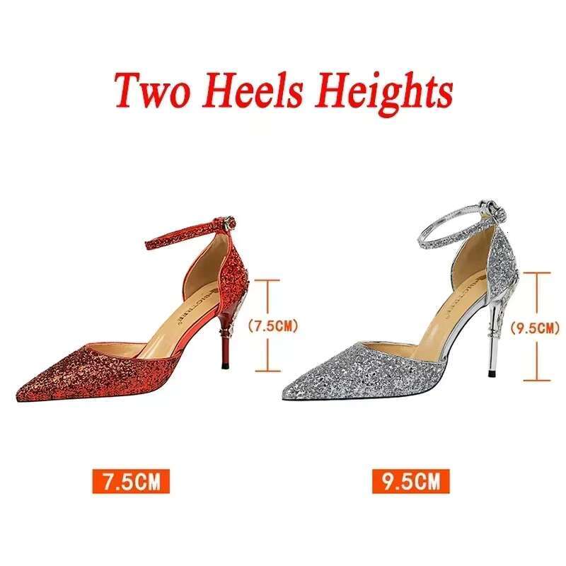 Women 7.5cm 9.5cm High Bg Wedding Sandals Ankle Strap Shoes Gold Siery Blue Sequins Banquet Designer Low Heels