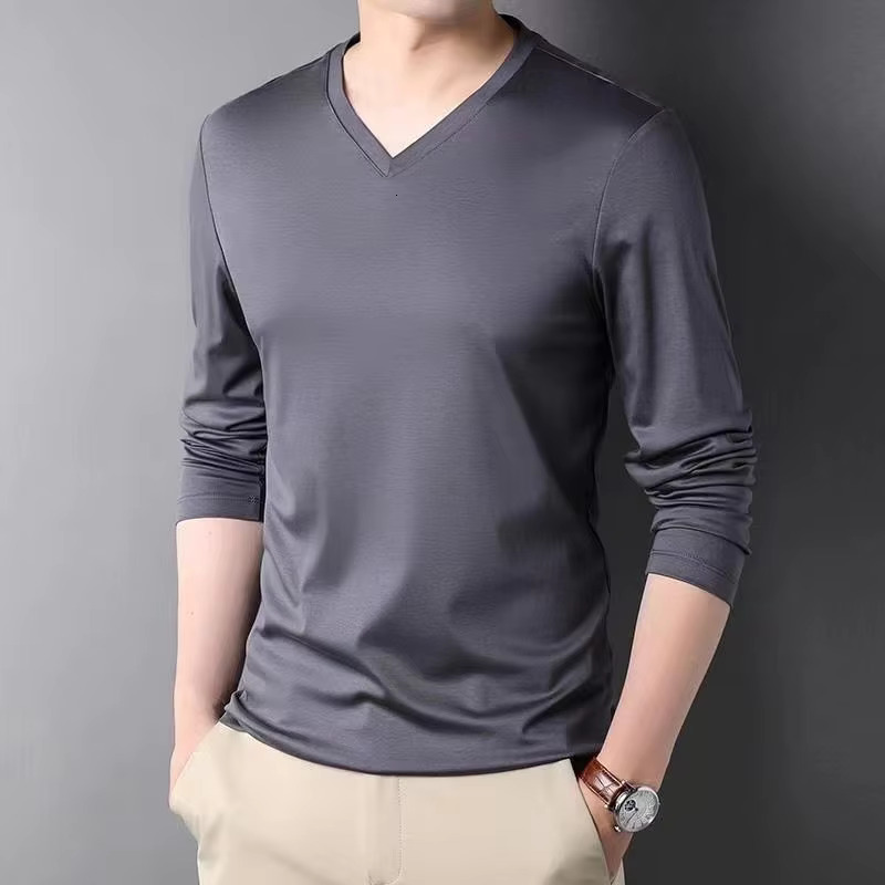 Fashionable And Versatile Men's Modal Cotton Basic T-shirt Spring And Autumn Long Sleeved V-neck Men's Clothing Thin Bottom Solid Color Casu