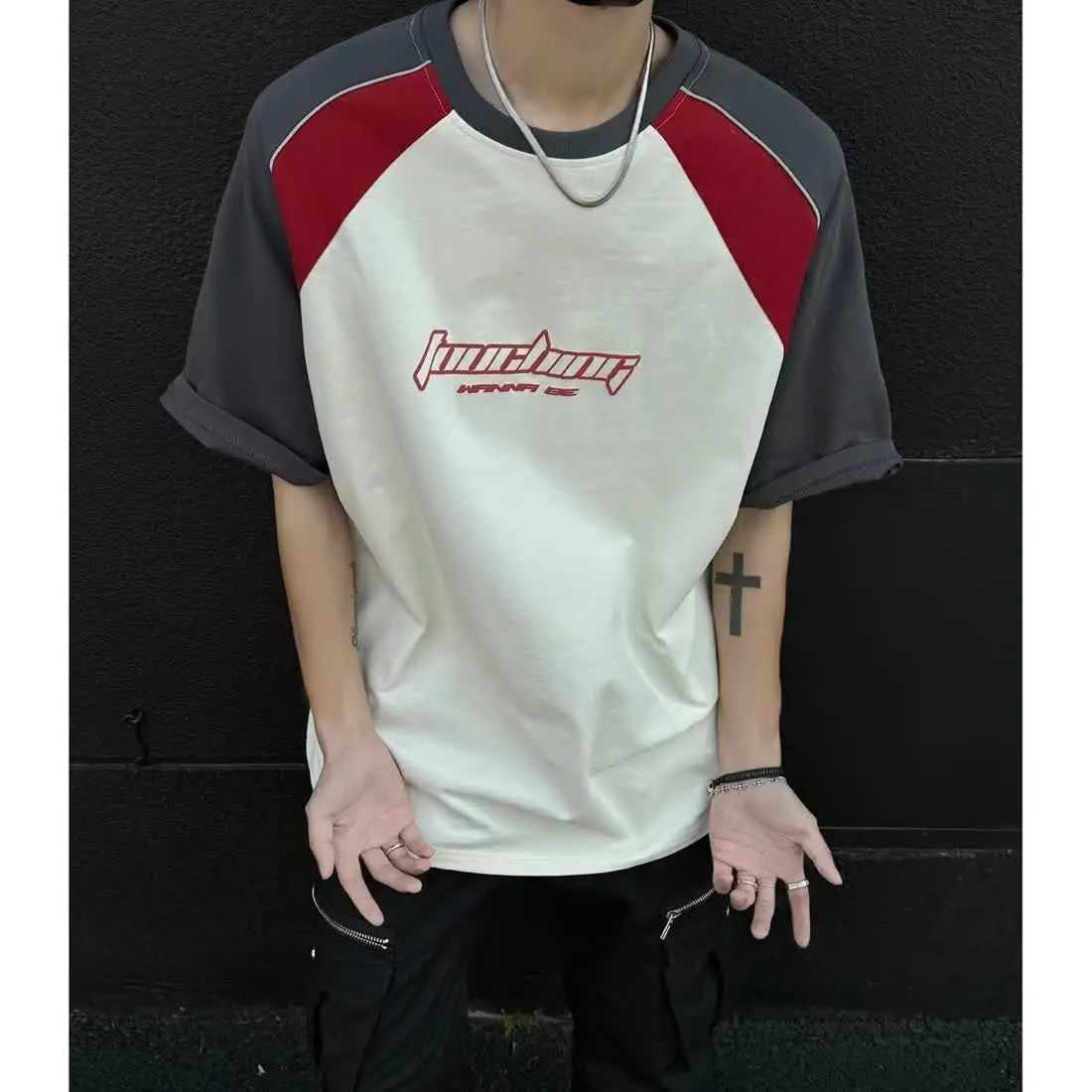 Summer New High Street Trendy Splicing Round Neck Short Sleeve Men and Women Retro Letter Printed Loose Casual T-shirt Top y2k W250117