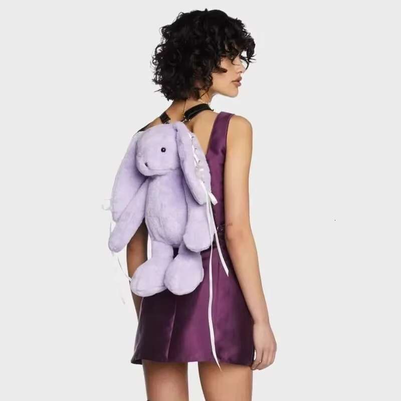 2024 New Fashion Plush Lace Lace-Up Shoulder Faux Fur Cute Bunny Backpack Women's Bag Designer Handbags And Purses