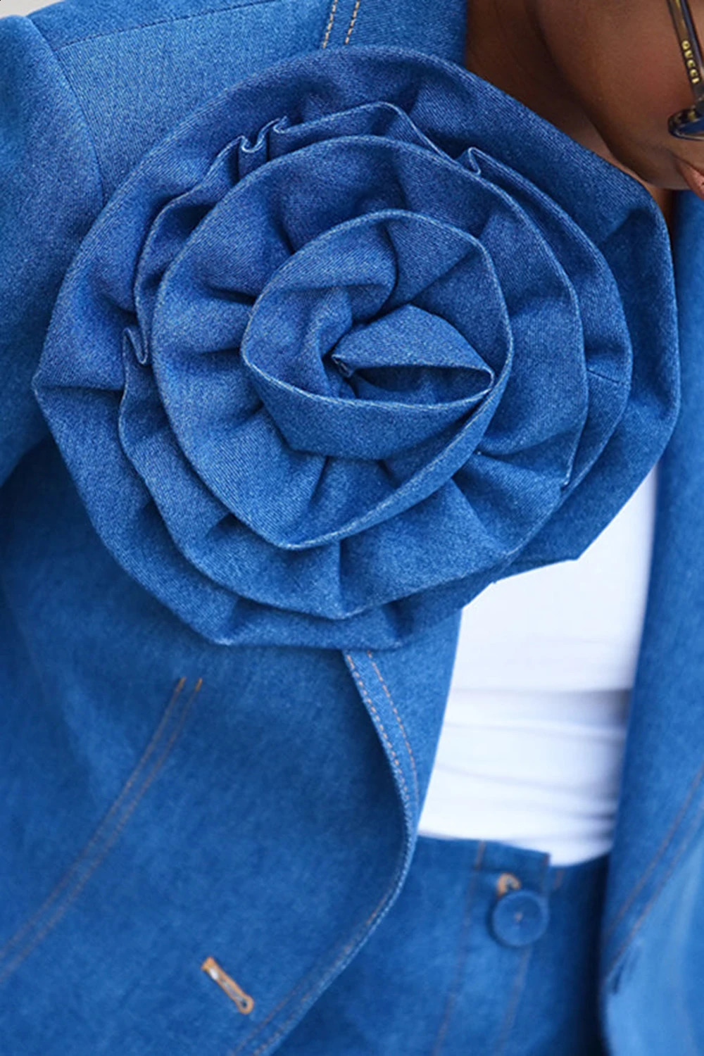 Plus Size Business Casual Blue Turndown Collar Long Sleeve 3D Pleated Denim Two Piece Skirt Sets 250108