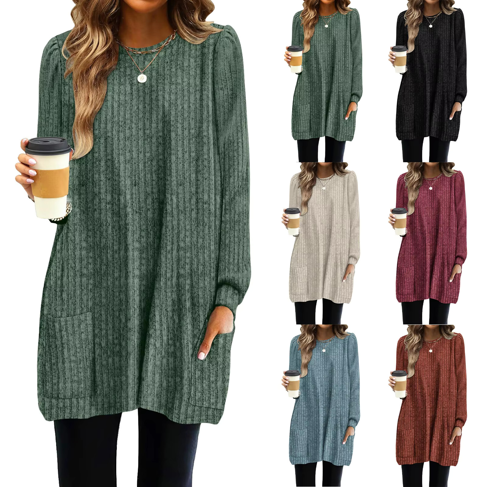 New Spring Shirt Fluffy Long Sleeved T-shirt Round Neck Casual Loose Pocket Shirt Elegant Streetwear Designer T-shirt Women's Solid Color Waistba